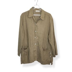 Cut Loose Women's Linen Tan Brown Button Front Top Shirt Pockets Size Medium